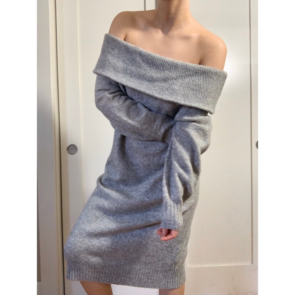 Grey off the shoulder midi sweater dress